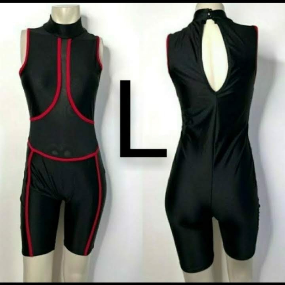 🆕Black Mesh & Red Biker Shorts Fashion Romper With Face Mask ~Size L